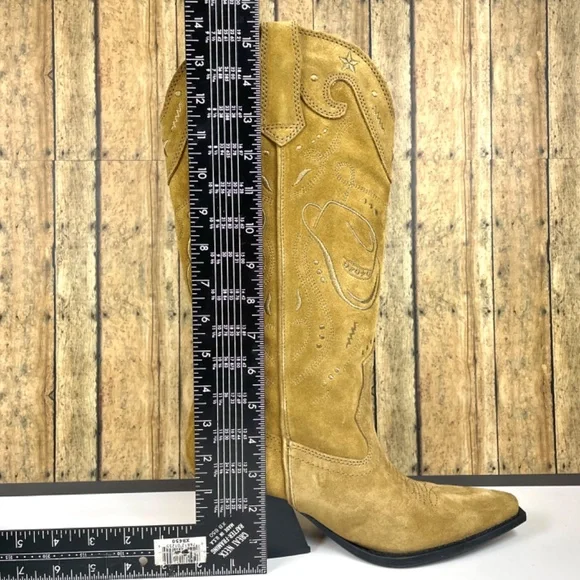 Zara Embroidered Taupe/Tan Suede 15.5” Pull-On Boots, Size 7.5 - Picture 9 of 15